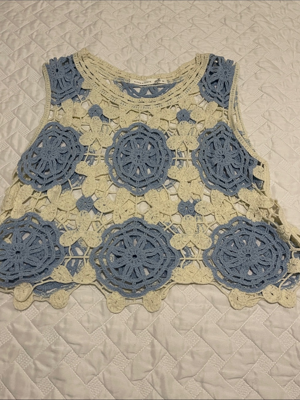 Altar'd State Blue and Cream Crochet Floral Tank